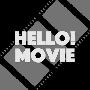 アプリ、HELLO! MOVIEのアプリアイコン、黒色の背景の上に灰色の映画フィルム、中央には白文字で大きくアプリ名